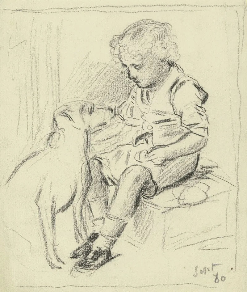 Sitzender Knabe Mit Sitzendem Hund 4