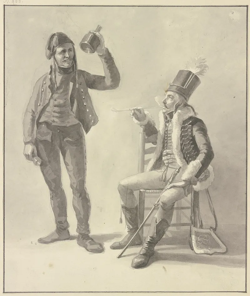 Sitzender Rauchender Husar Dabei Der Wirt Mit Flasche Und Glas