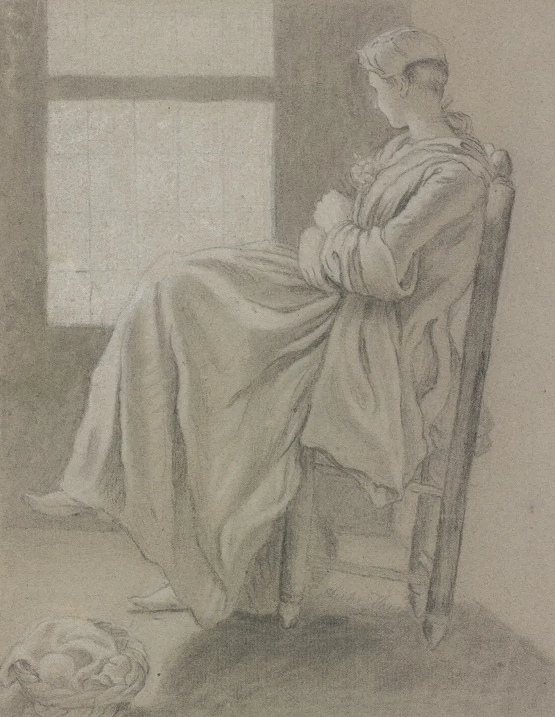 Sitzendes Madchen Am Fenster Nach Links Schauend Im Vordergrund Links Steht Ein Korb Auf Dem Boden Wall Art by Friedrich Ludwig Hauck - High-Resolution Digital Print