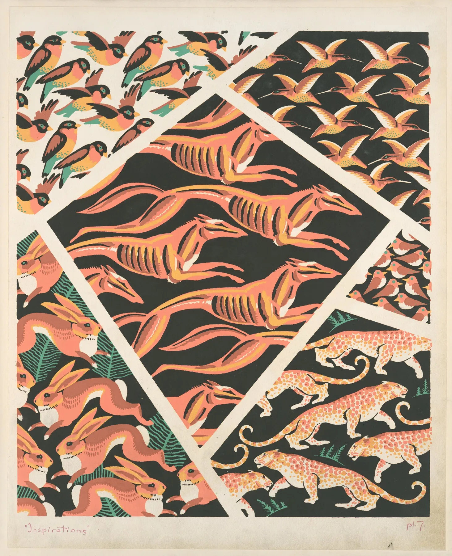 Six Animal Form Compositions Birds Three Dogs Hares Leopards Wall Art by André Durenceau - High-Resolution Digital Print
