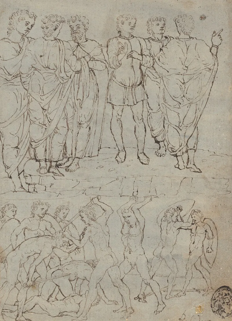 Six Conversing Men And Ten Battling Nudes Wall Art by Studio of Francesco Squarcione - High-Resolution Digital Print