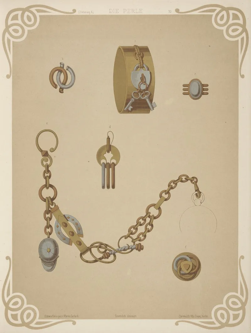 Six Designs For Jewelry Including Gold Bracelet With Design Of Lock And Two Keys