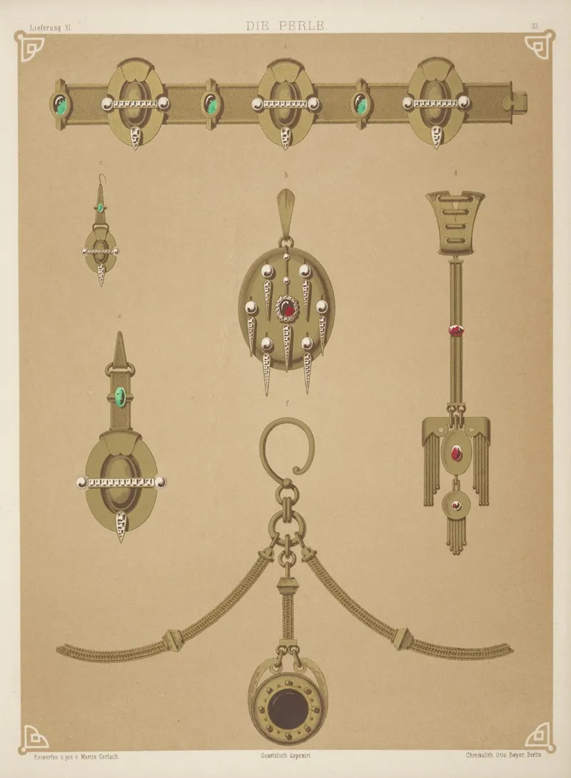Six Designs For Jewelry Including Gold Brooch With Central Red Stone Pearls And Diamonds