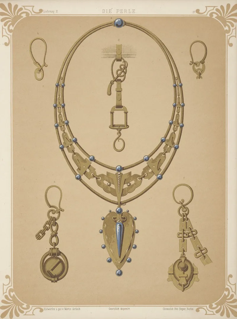 Six Designs For Jewelry Including Large Necklace With Gold Pendant With Blue Stones