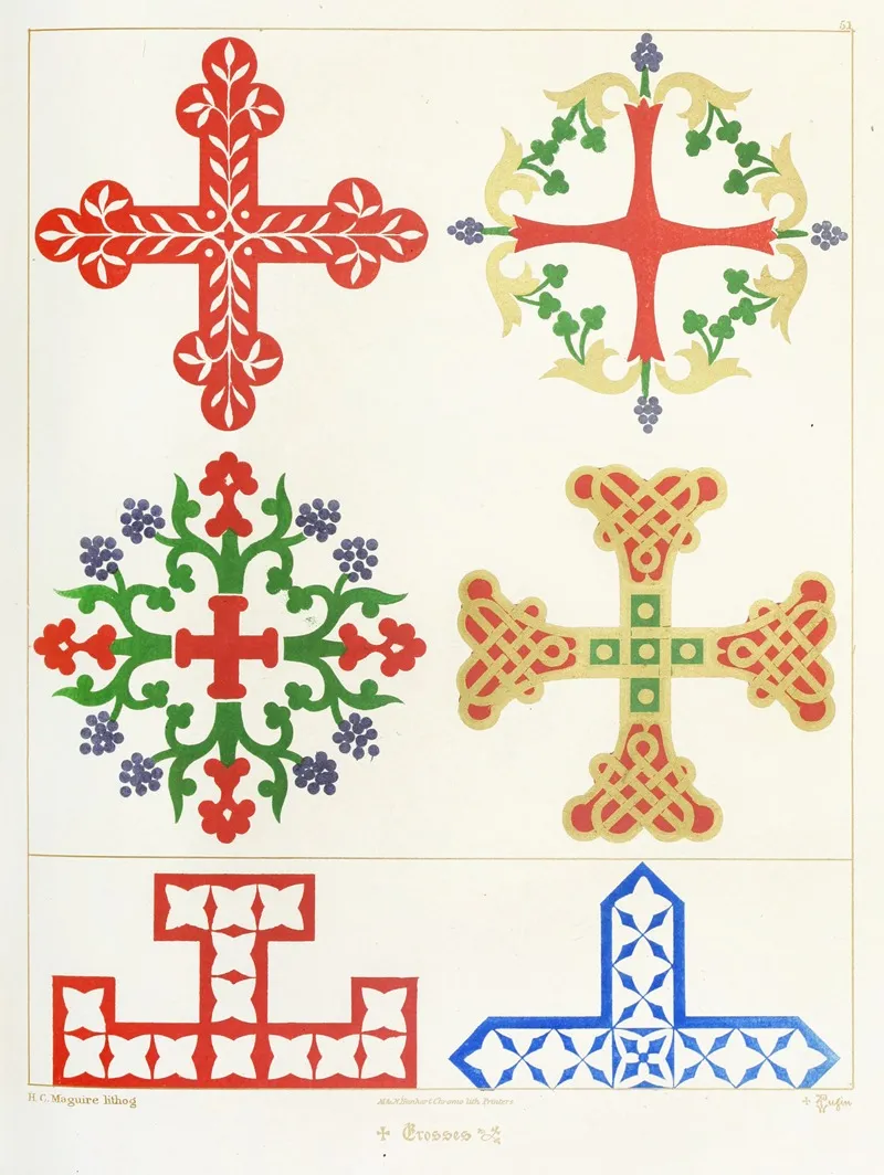 Six Floriated Crosses Wall Art by Augustus Pugin - High-Resolution Digital Print