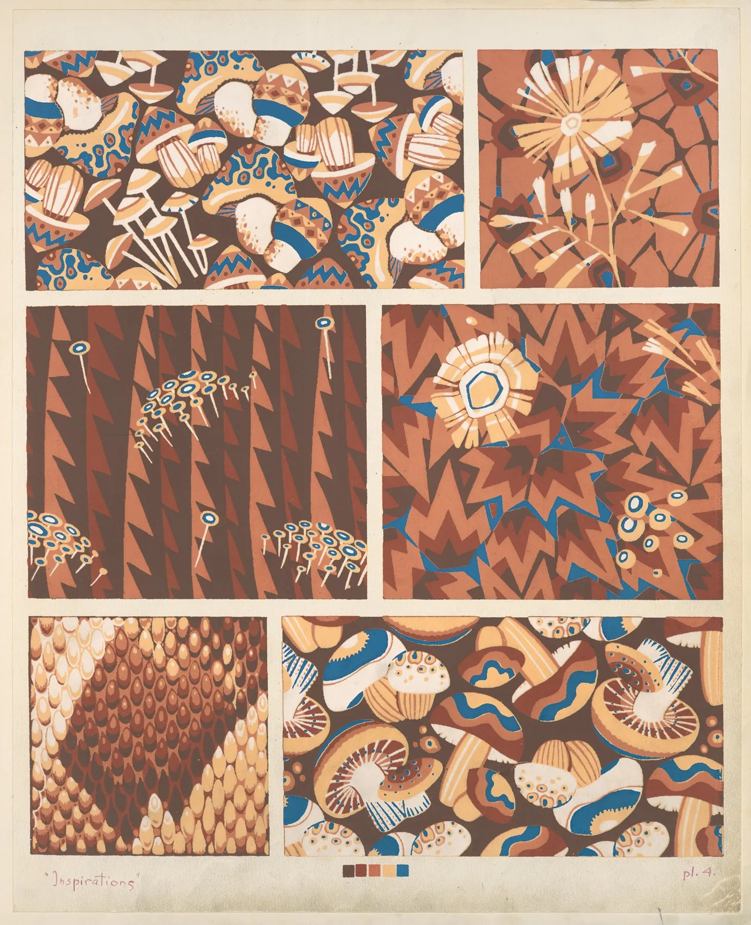 Six Plant Form Compositions Several Of Mushrooms Wall Art by André Durenceau - High-Resolution Digital Print
