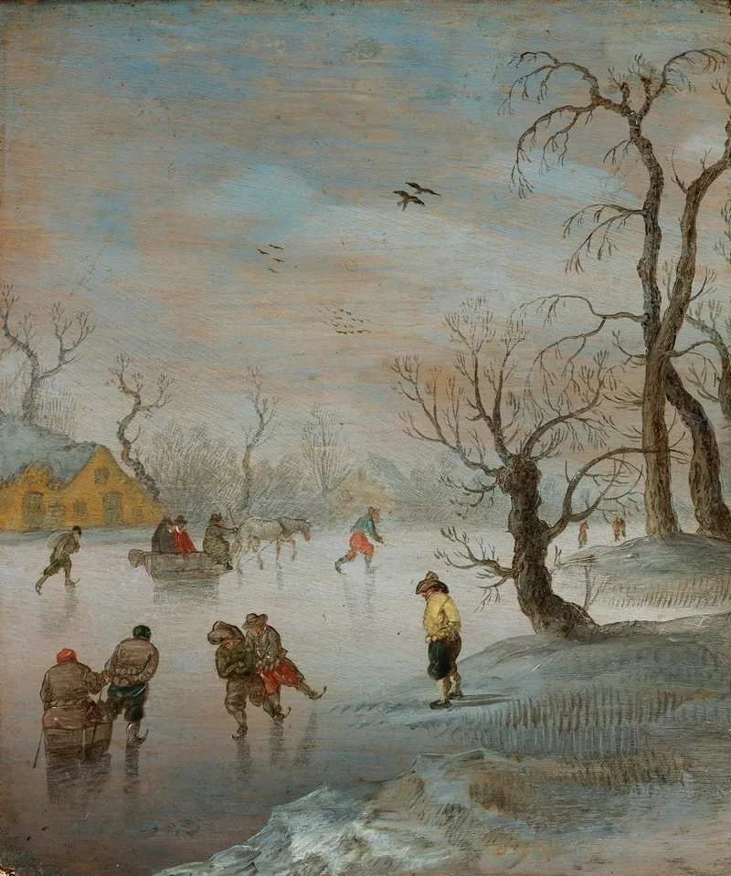 Skaters And A Horse Drawn Sledge On A Frozen Waterway Wall Art by Anthonie Verstraelen - High-Resolution Digital Print