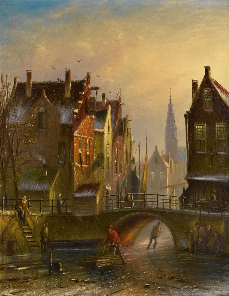 Skaters On A Canal In Amsterdam With A View Of The Zuiderkerk Beyond Wall Art by Johannes Franciscus Spohler - High-Resolution Digital Print