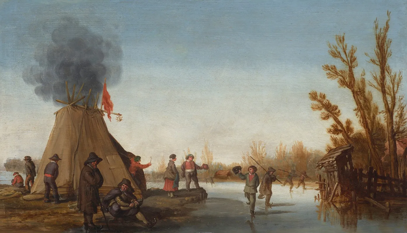 Skaters On A Frozen Canal With A Koek En Zopie Tent Wall Art by Joost Cornelisz Droochsloot - High-Resolution Digital Print