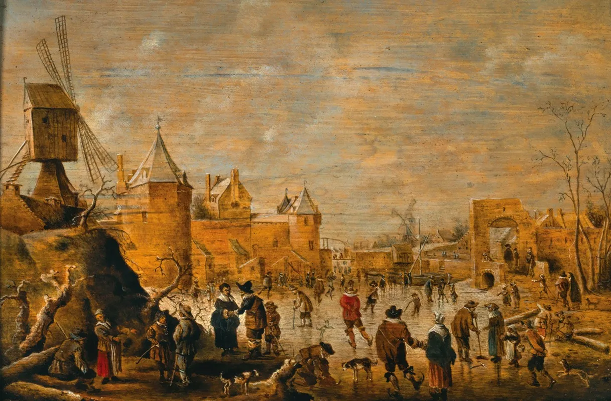 Skaters On A Frozen Canal With Fortifications Beyond Wall Art by Cornelis Droochsloot - High-Resolution Digital Print