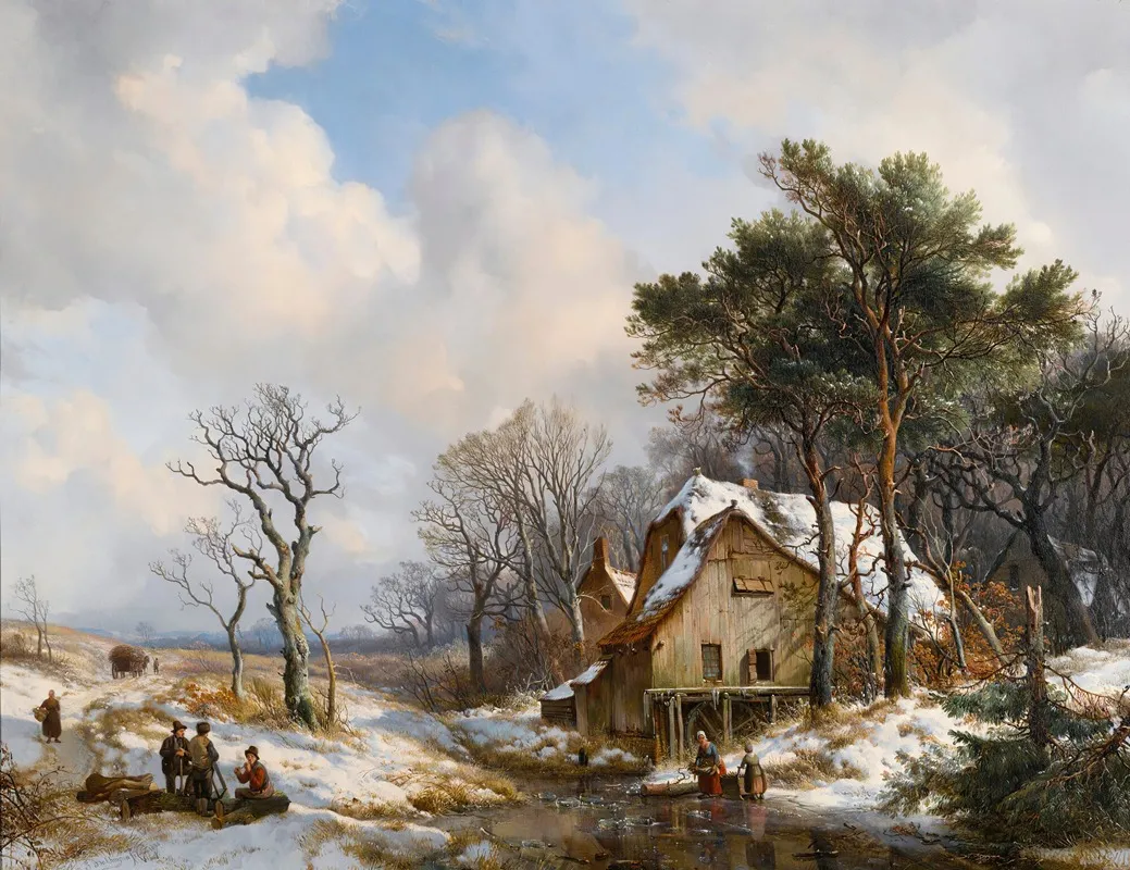 Skaters On A Frozen Stream On The Outskirts Of A Village
