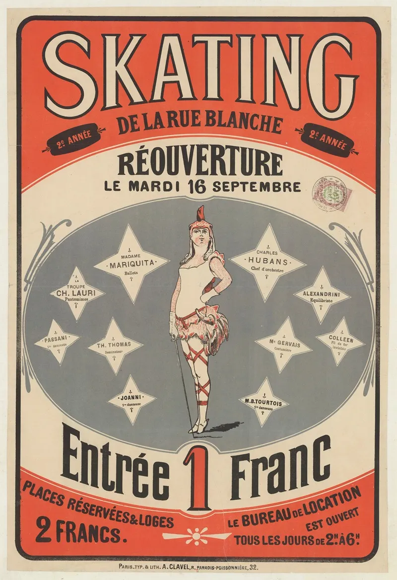 Skating De La Rue Blanche 2 Eme Annee Reouverture Le Mardi 16 Septembre 1879 Wall Art by Imp. A. Clavel - High-Resolution Digital Print