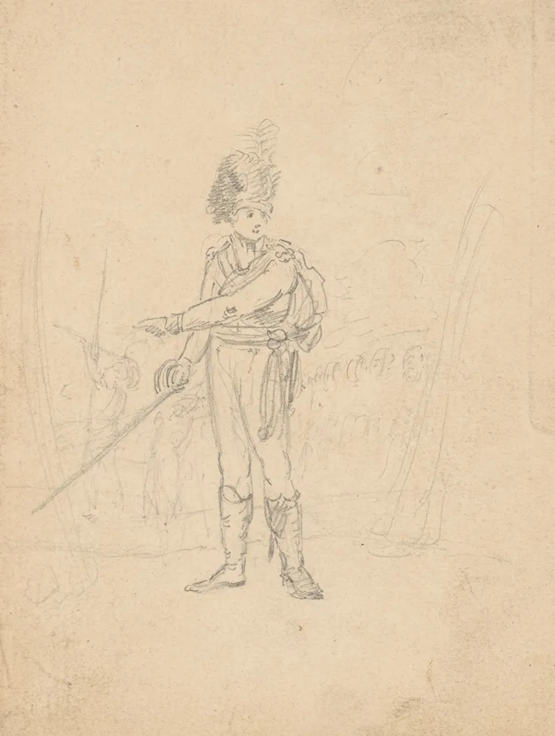 Sketch Of A An Officer Holding Sword Wearing Sasha And Busby