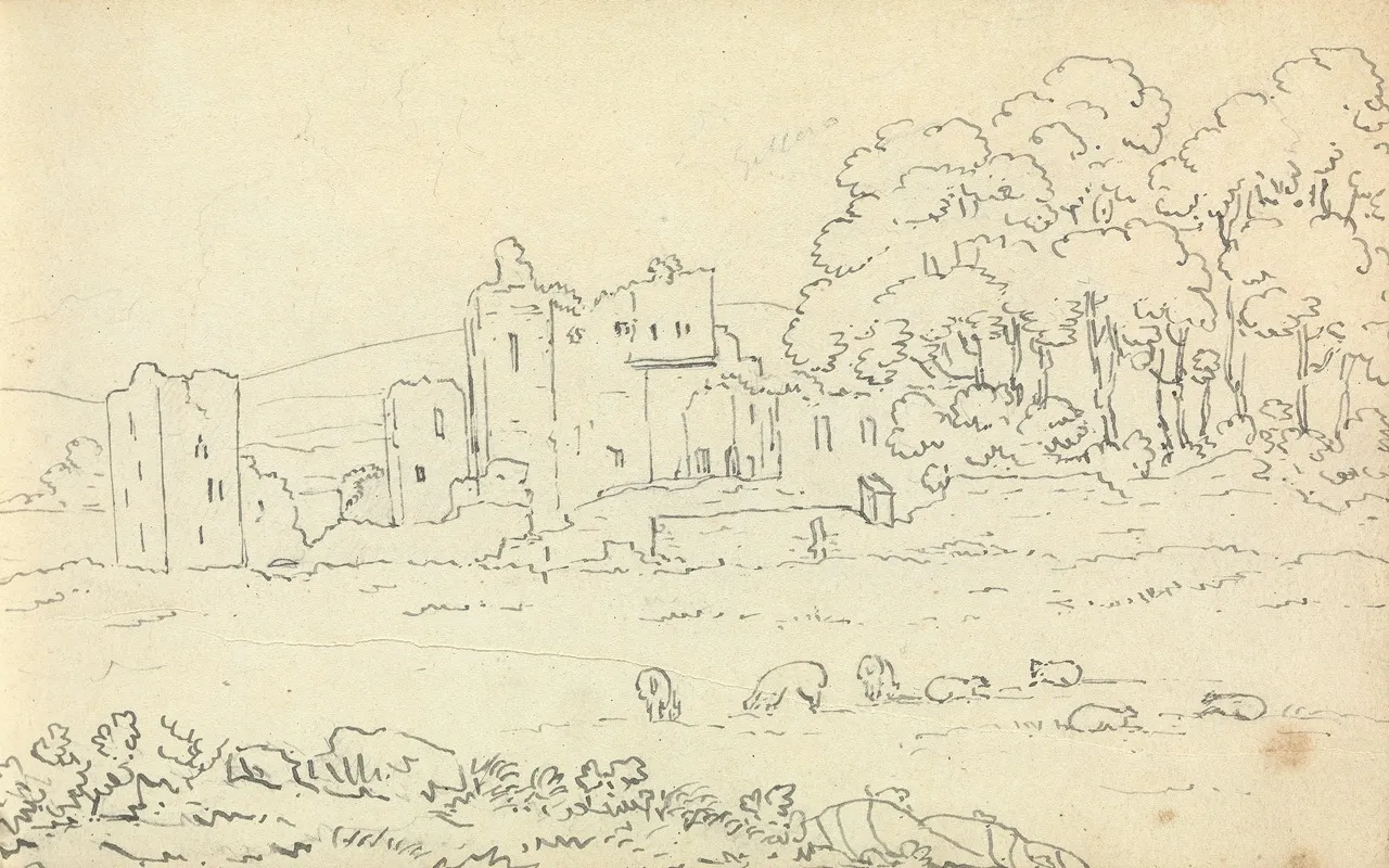 Sketch Of Castle Ruins With Cows Grazing In The Foreground