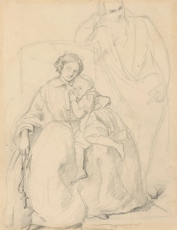 Sketch Of Catherine Jagiellon With Son Sigismund And John Grand Duke Of Finland To The Painting Catherine Jagiellon In Gripsholm Prison Wall Art by Józef Simmler - High-Resolution Digital Print