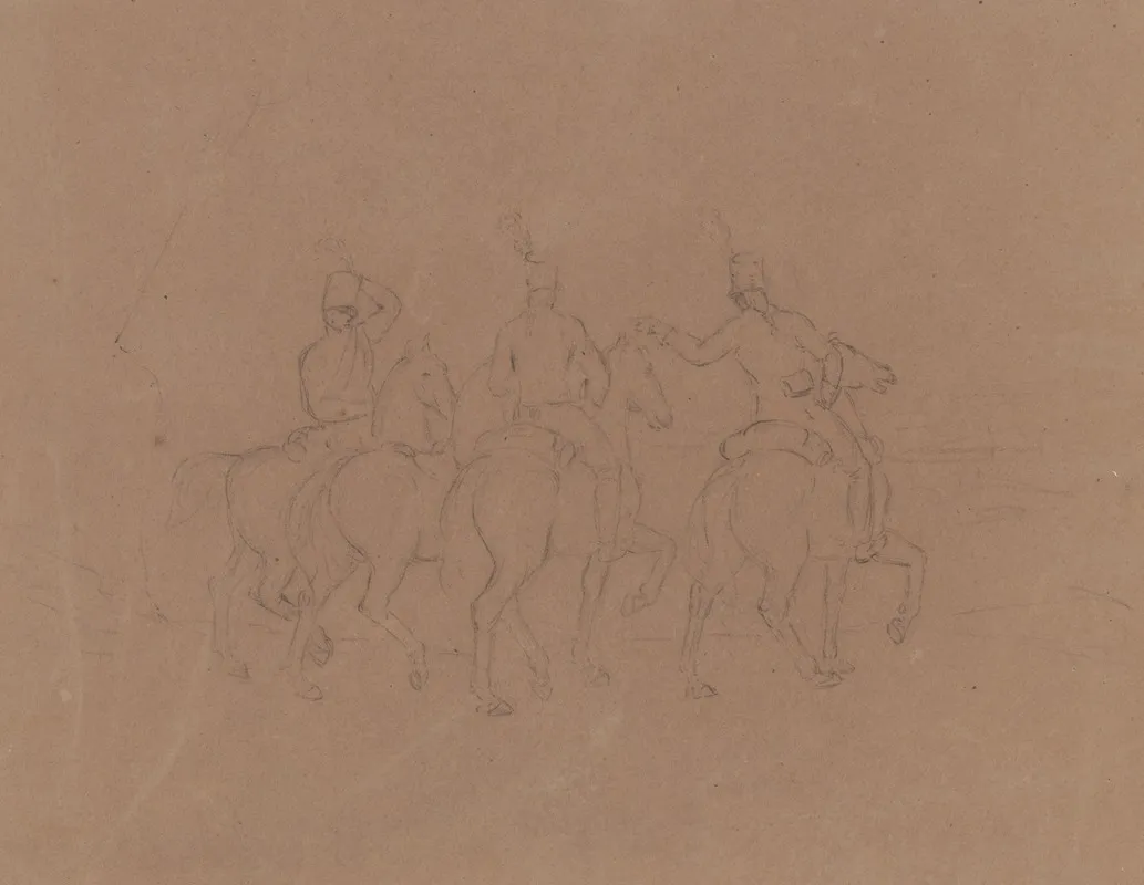 Sketch Of Cavalry On Horseback Seen From The Side And Rear Horses Facing Right Includes A Horse Without A Rider