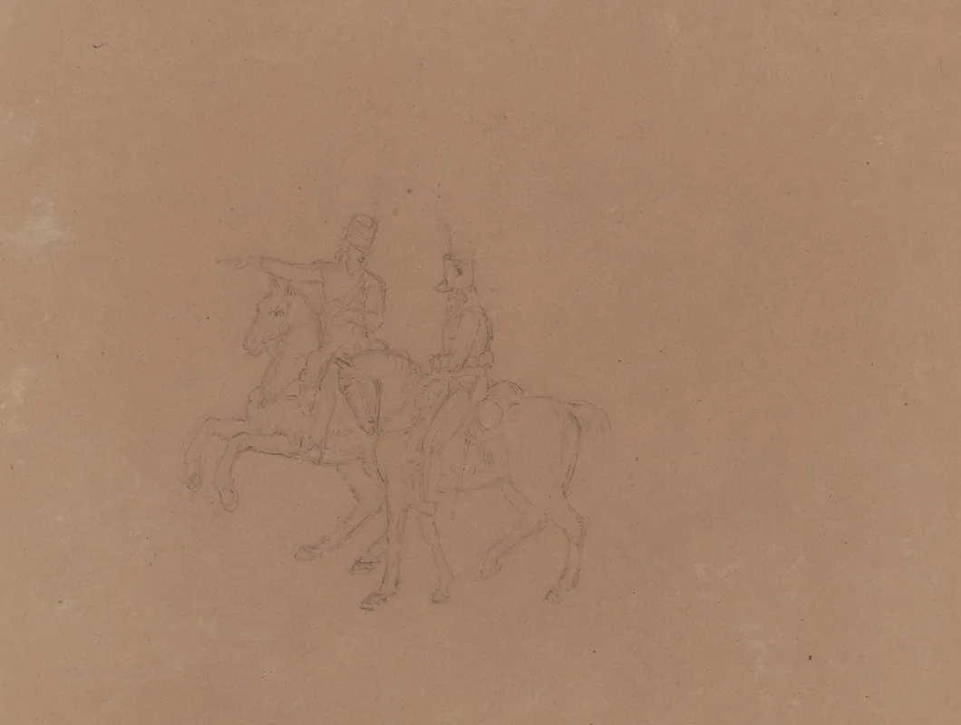 Sketch Of Cavalry On Horseback Seen From The Side Horses Facing Left Soldier At Left Gesturing Left Arm Extended