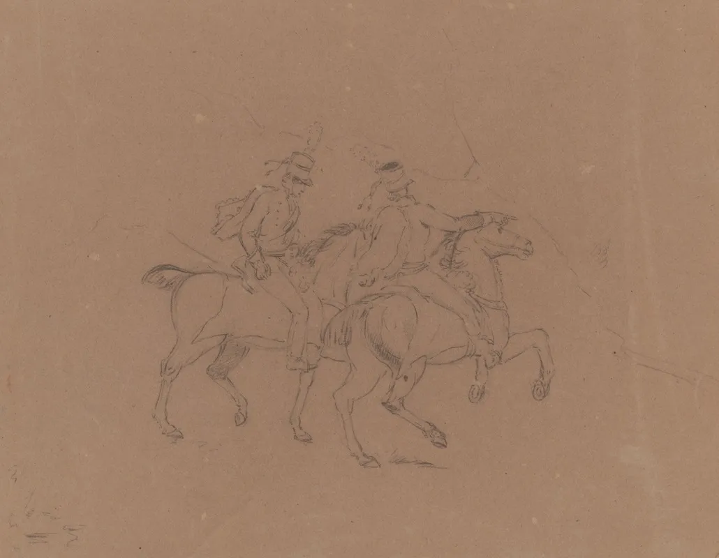 Sketch Of Cavalry On Horseback Seen From The Side Horses Facing Right