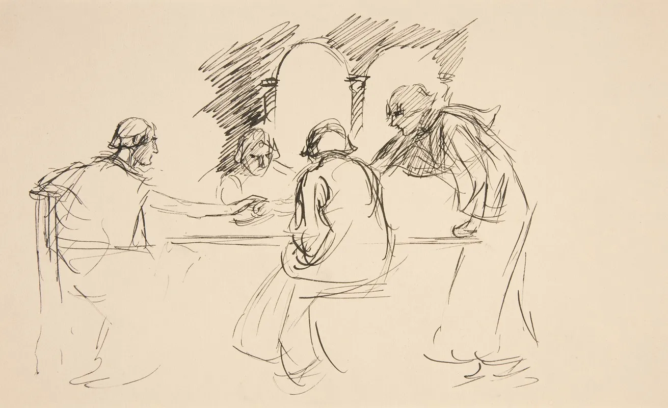 Sketch Of Four Men In Medieval Dress At A Table Unidentified Illustration Possibly For Loves Labours Lost The Kings Quandary