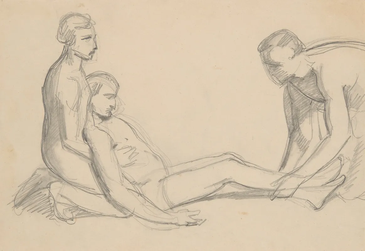 Sketch Of Nude Men To The Scene With Nicodemus And Joseph Of Arimathea Supporting The Dead Body Of Christ To The Painting Entombment Wall Art by Józef Simmler - High-Resolution Digital Print