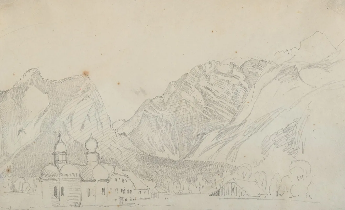Sketch Of The Church Of Sankt Bartholoma At The Konigsee At The Foot Of The Watzmann Seen From The East Wall Art by August Heinrich - High-Resolution Digital Print