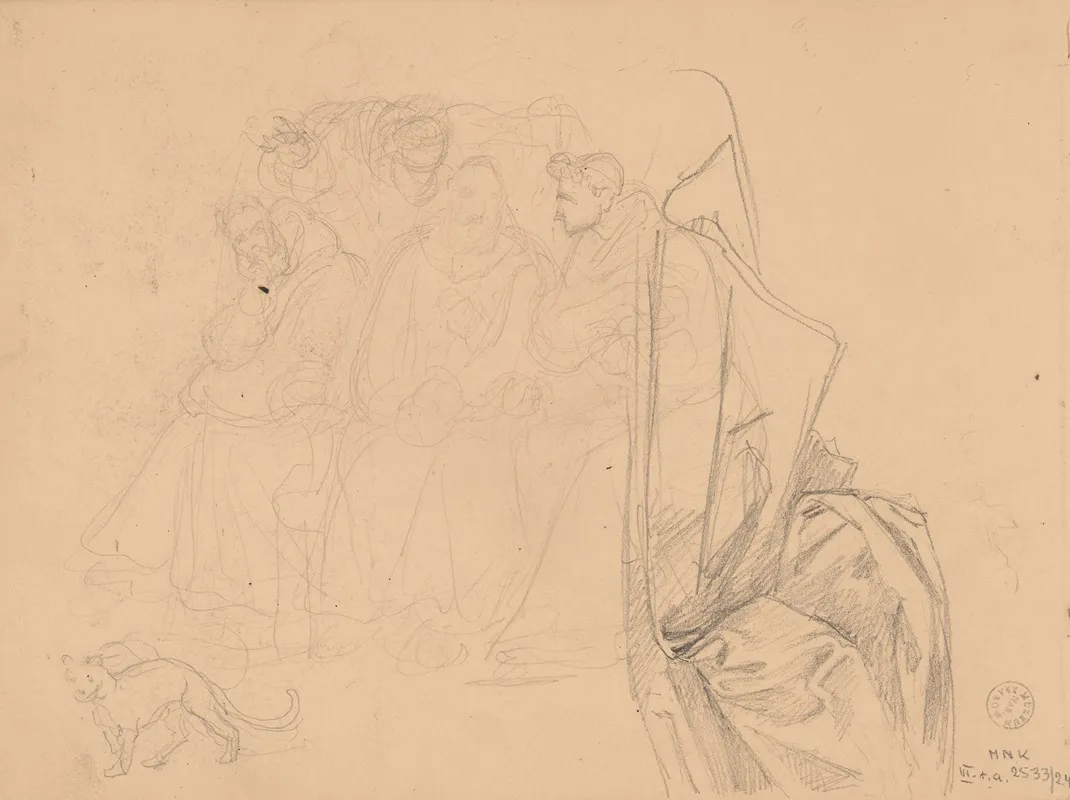Sketch Of Three Monks Sitting Side By Side Wall Art by Józef Simmler - High-Resolution Digital Print
