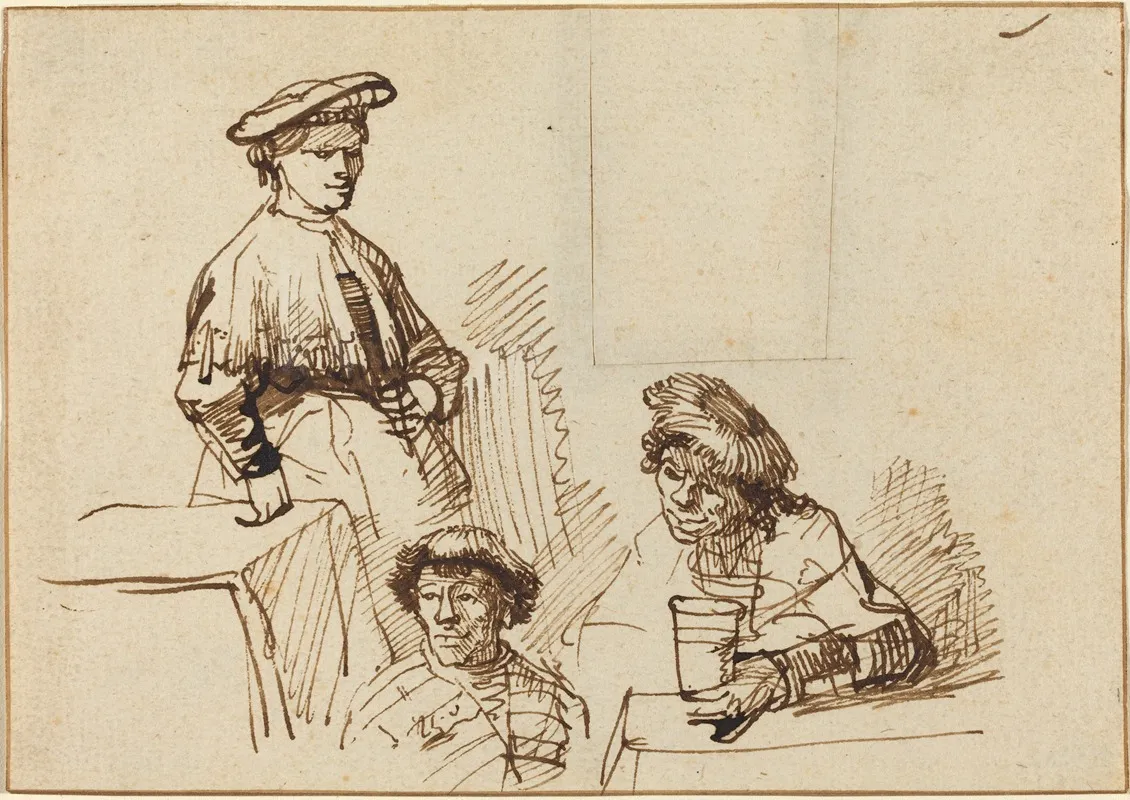 Sketches From A Tavern Woman Standing And Two Men Seated Wall Art by Rembrandt van Rijn - High-Resolution Digital Print