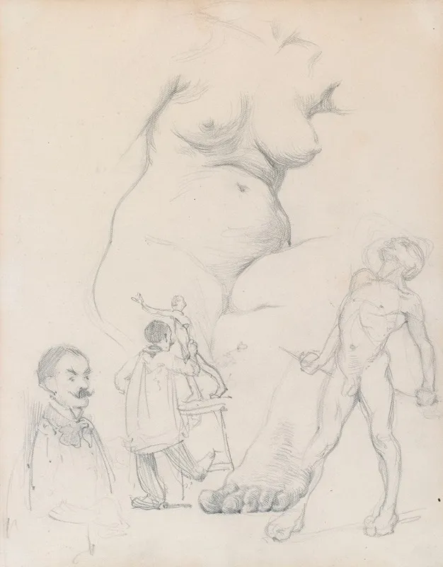 Sketches Of A Female Nude A Male Model And A Sculptor Wall Art by William Orpen - High-Resolution Digital Print
