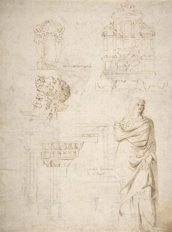 Sketches Of A Funeral Monument A Niche With Statues A Helmet In The Shape Of A Human Head An Entablature And A Female Statue Wall Art by After Michelangelo Buonarroti - High-Resolution Digital Print
