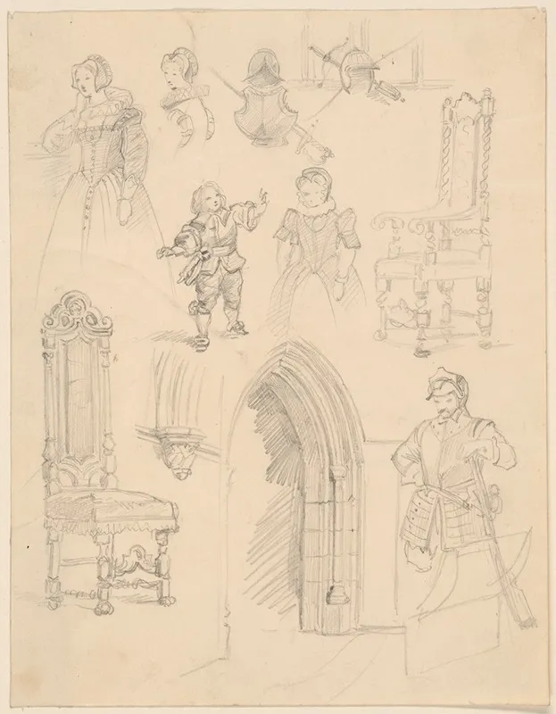 Sketches Of Baroque Costumes And Furniture And Gothic Architectural Details