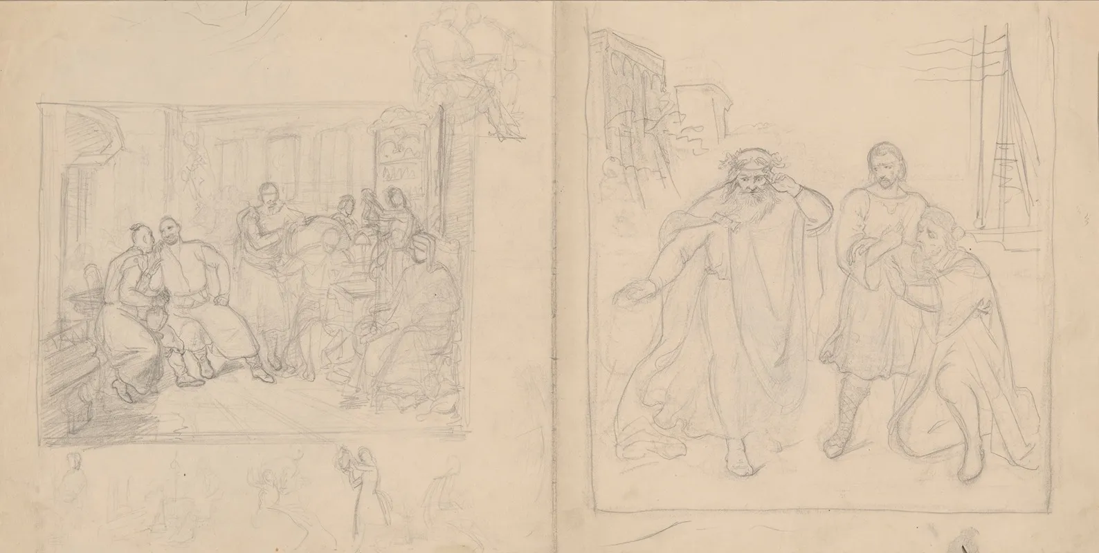 Sketches Of Figural Compositions The Scene Inside A Manor House And The Scene With A Diviner