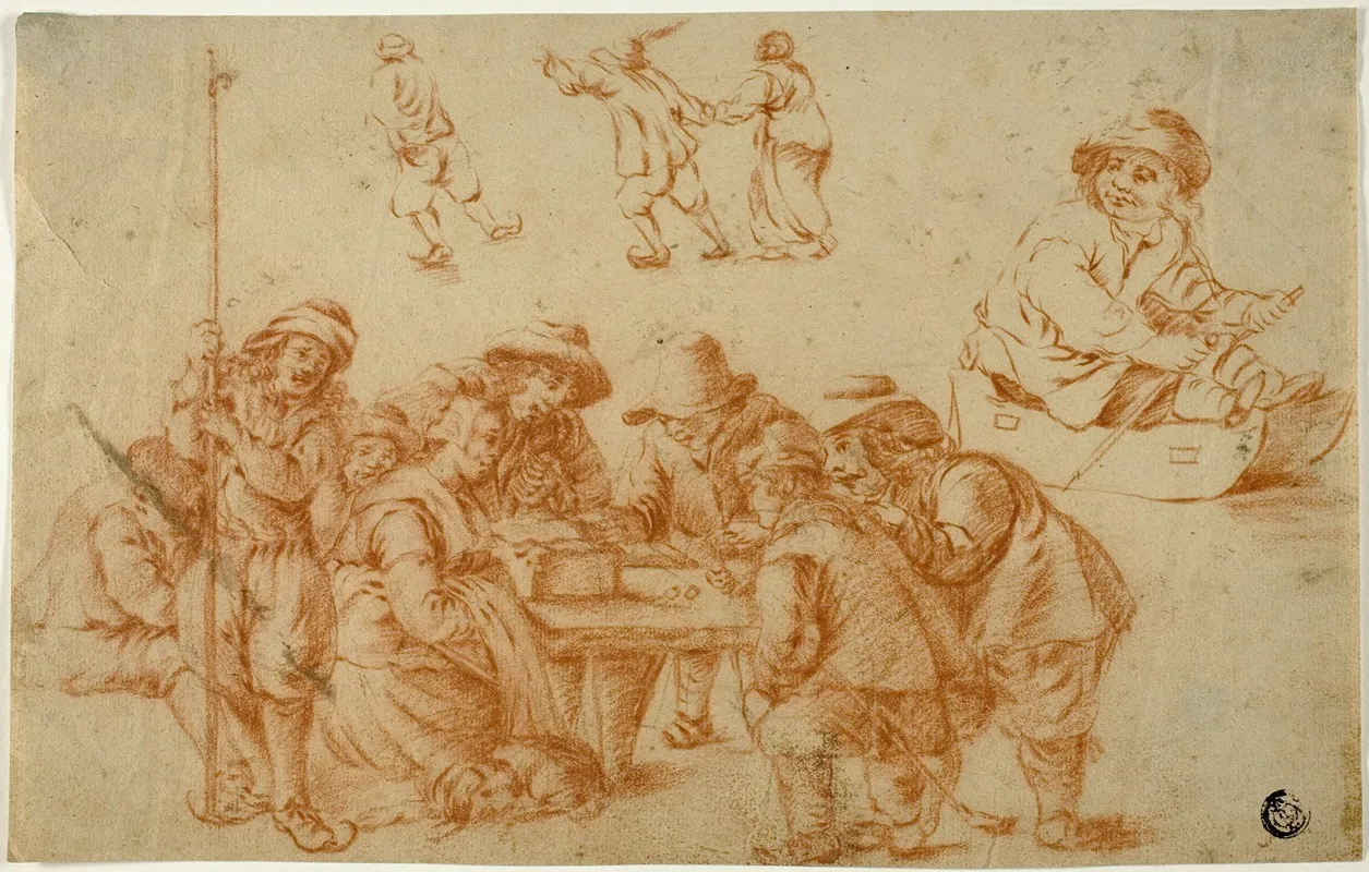 Sketches Of Peasants Playing Dice And Skating Sketch Of Boy On Sled Wall Art by Adriaen van Ostade - High-Resolution Digital Print