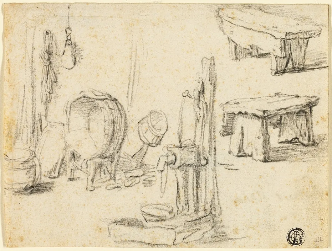 Sketches Of Pump Washtub Benches Wall Art by Circle of Adriaen van Ostade - High-Resolution Digital Print