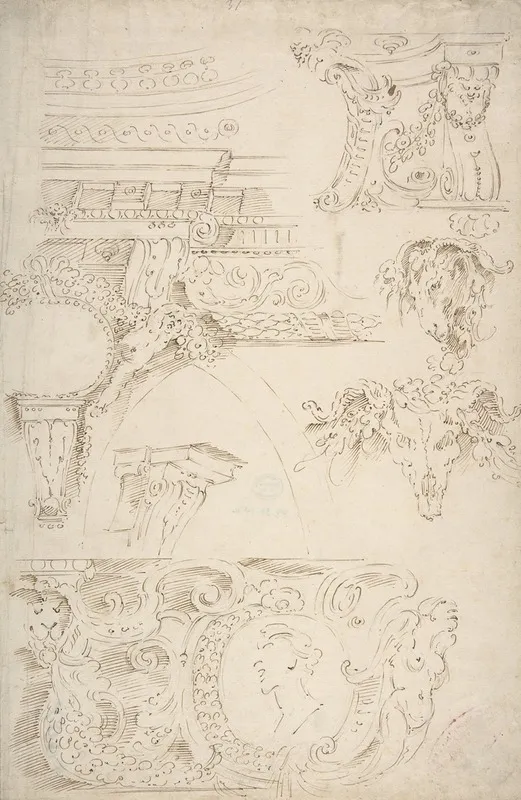 Sketches Of Sculptured Decoration Entablatures And A Frieze With Human Animal And Floral Ornaments Wall Art by After Agostino Mitelli - High-Resolution Digital Print