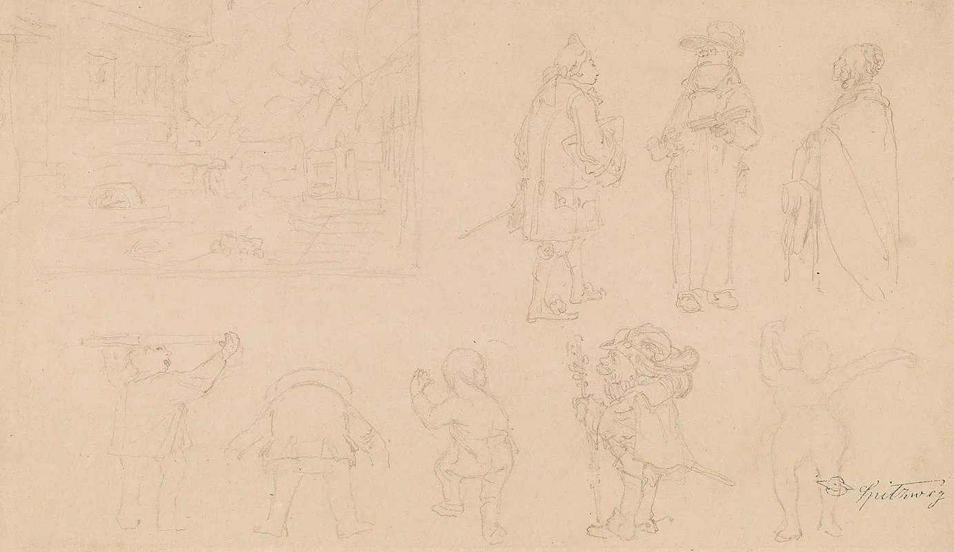 Skizzenblatt Mit 8 Figurenskizzen Darunter Gnome Sowie Gartenkomposition Mit Tor Haus Hund Und Baumen Wall Art by Carl Spitzweg - High-Resolution Digital Print