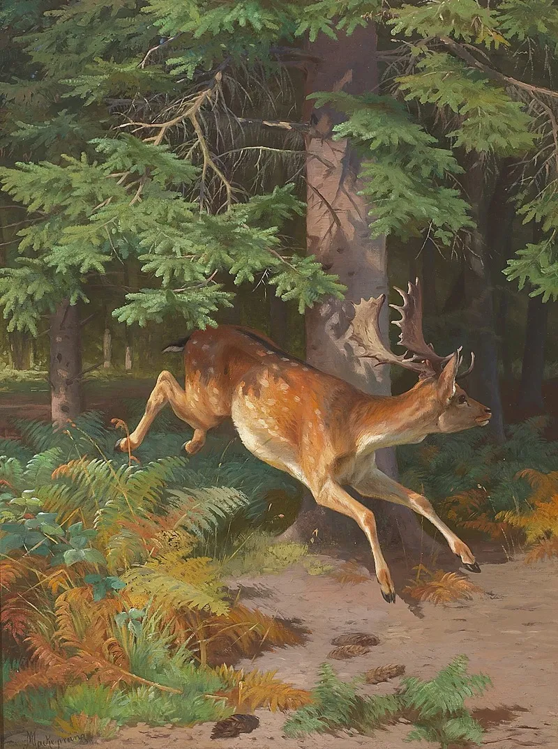 Skovparti Med Kronvildt I En Lysning Wall Art by Adolf Mackeprang - High-Resolution Digital Print