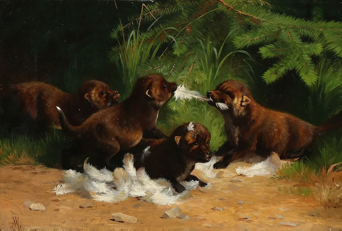 Skovparti Med Raeveunger Der Slas Om Resterne Af En Fugl Wall Art by Adolf Mackeprang - High-Resolution Digital Print