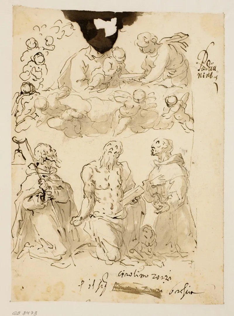 Skt Antonius Skt Hieronymus Og Skt Bernardin Med Jomfru Maria Og Jesusbarnet Omgivet Af Engleborn
