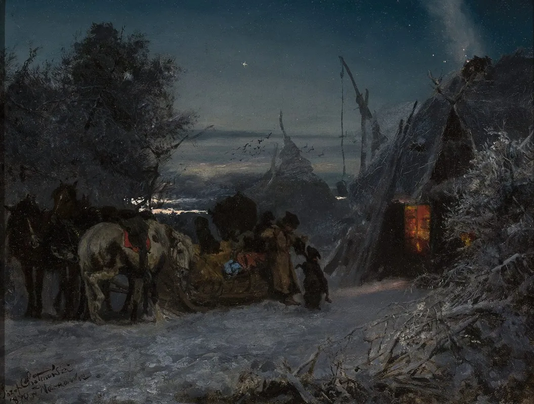 Sleigh In Front Of A Hut At Night