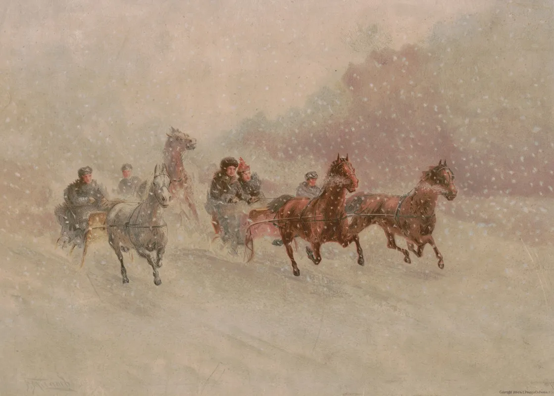 Sleighs Pulled By Horses Running Through Snow After F M Lamb