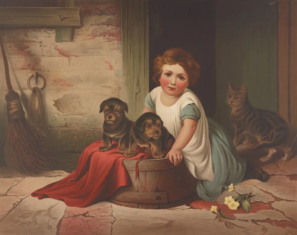 Small Girl Leaning Against An Overturned Wash Tub On Which Two Puppies Have Been Placed