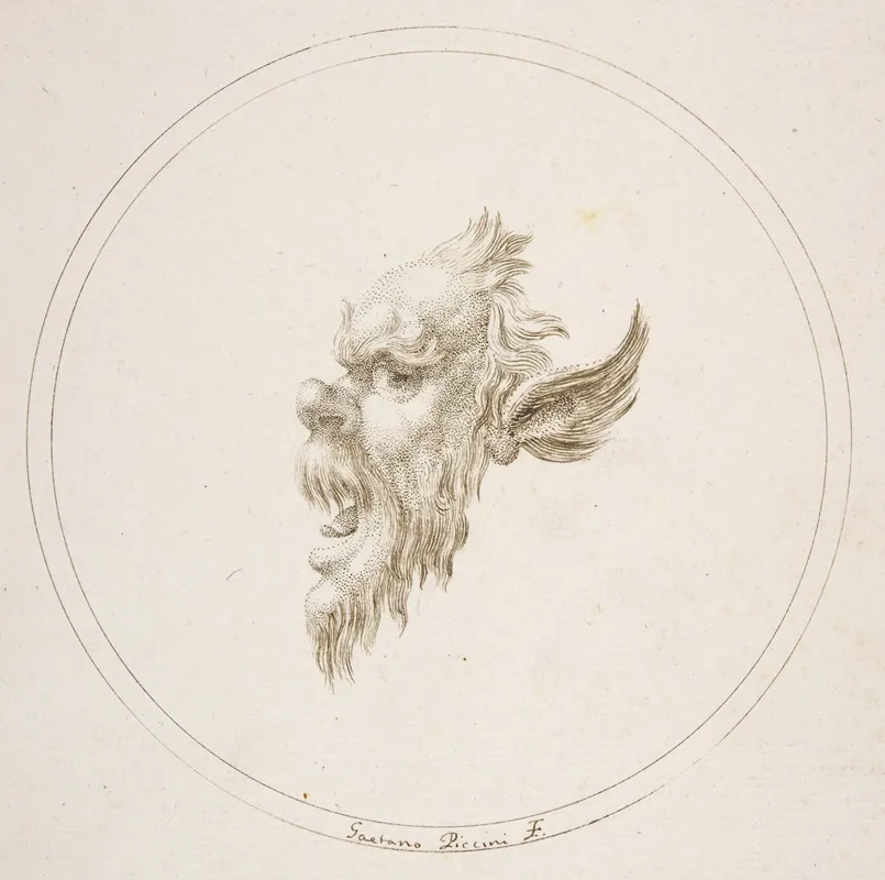 Small Grotesque Head Looking To The Left Within A Circle
