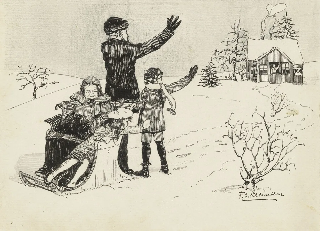 Sneeuwlandschap Met Zwaaiende Figuren Wall Art by F. van Leeuwen - High-Resolution Digital Print