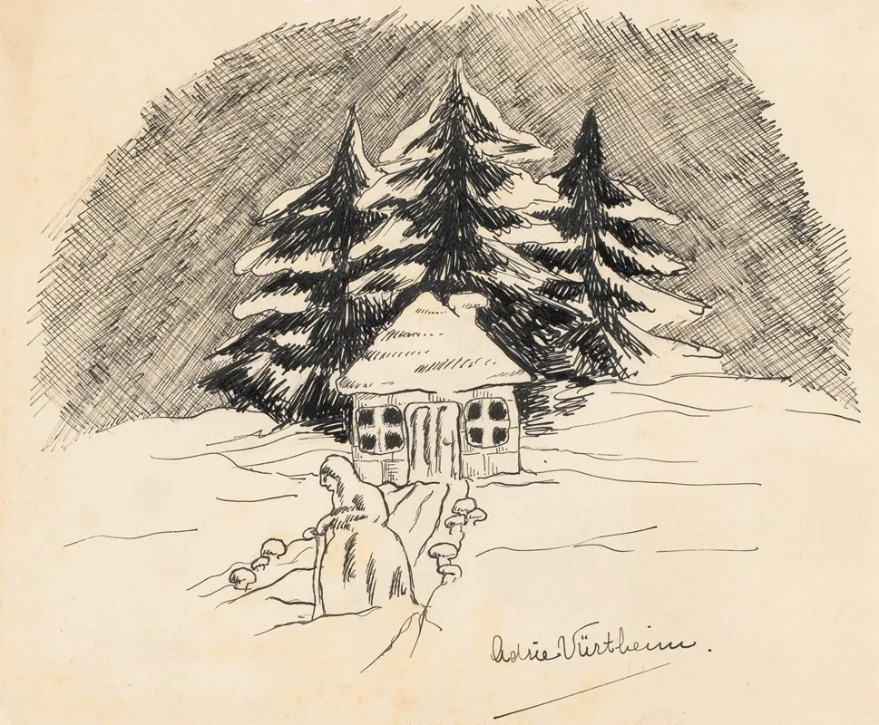 Sneeuwvrouw Voor Een Hut In Een Winterlandschap Wall Art by Adrie Vürtheim - High-Resolution Digital Print