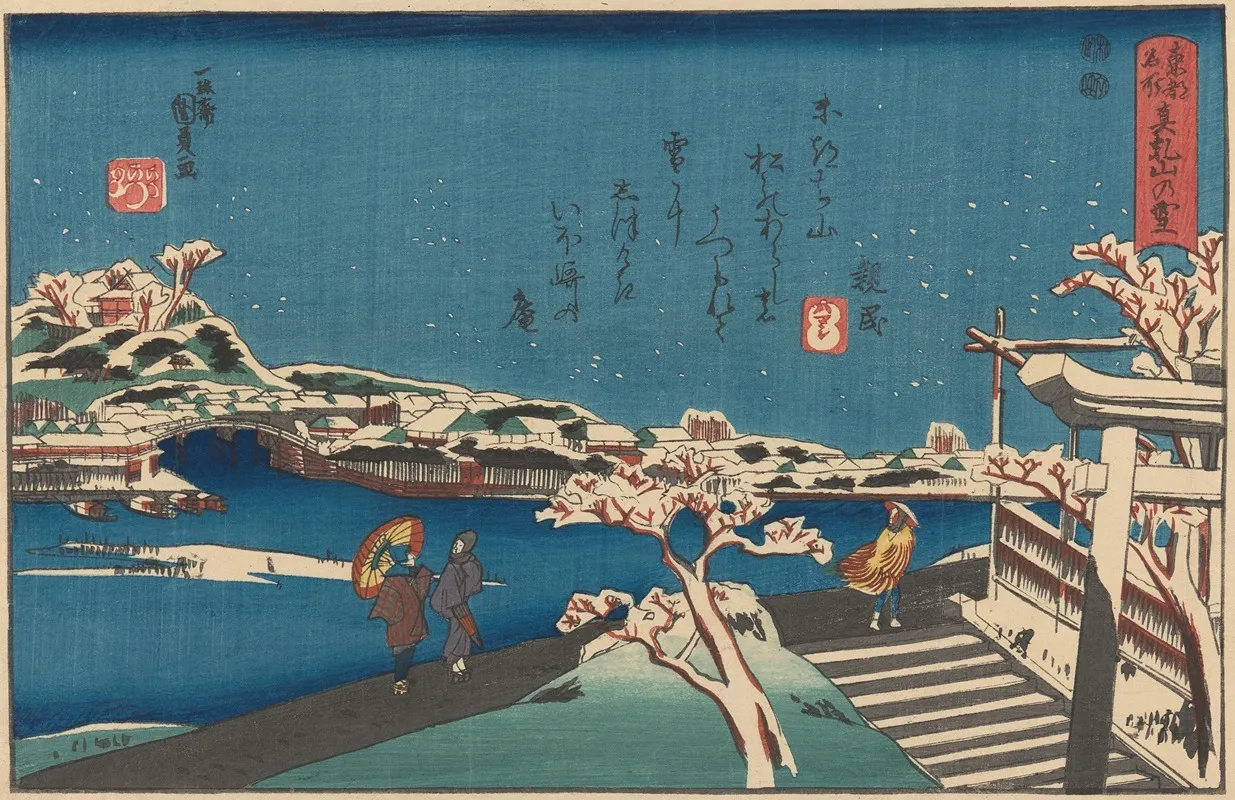 Snow Scene River And Figures Wall Art by Kunikazu Utagawa - High-Resolution Digital Print