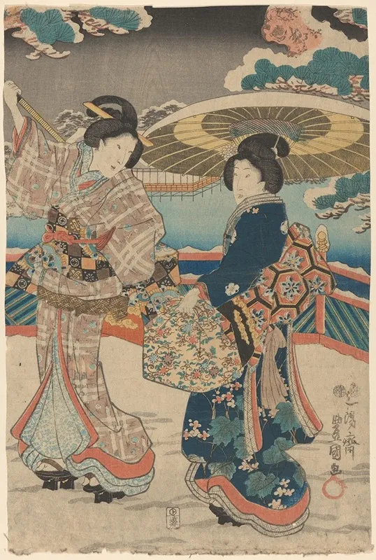 Snow Scene Two Women With Umbrellas And Bags Wall Art by Toyokuni Utagawa - High-Resolution Digital Print