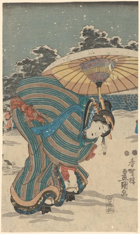 Snow Scene Woman Bending To Adjust Shoe Wall Art by Utagawa Kunisada (Toyokuni III) - High-Resolution Digital Print