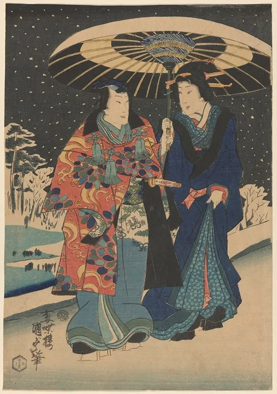 Snow Scene Woman In Blue Man In Red And Blue Under Black And White Umbrella Wall Art by Utagawa Kunisada (Toyokuni III) - High-Resolution Digital Print