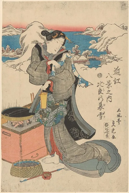 Snow Scene Woman Preparing Tea In Foreground Wall Art by Sadahide - High-Resolution Digital Print