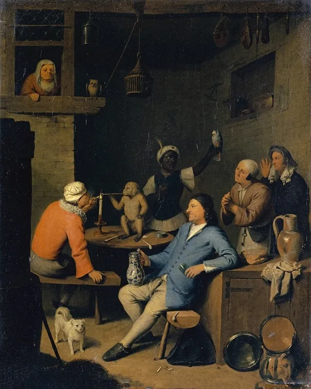 Society With An Ape Smoking A Pipe In A Tavern Wall Art by Nicolas Van Haften - High-Resolution Digital Print